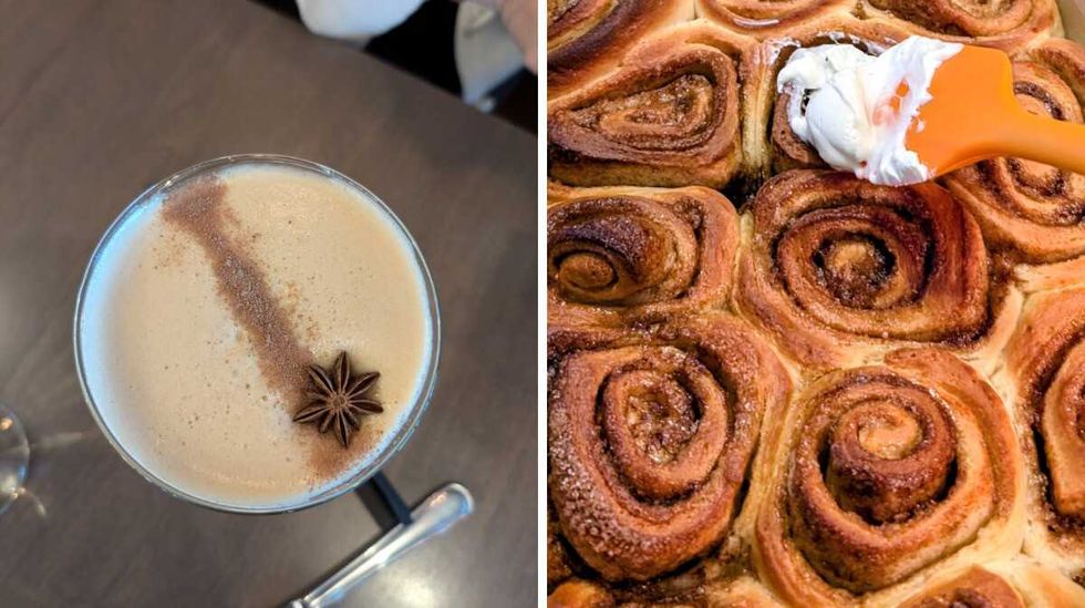 A cozy fall-inspired drink. Right: Delicious cinnamon snacks, perfect for the fall season.