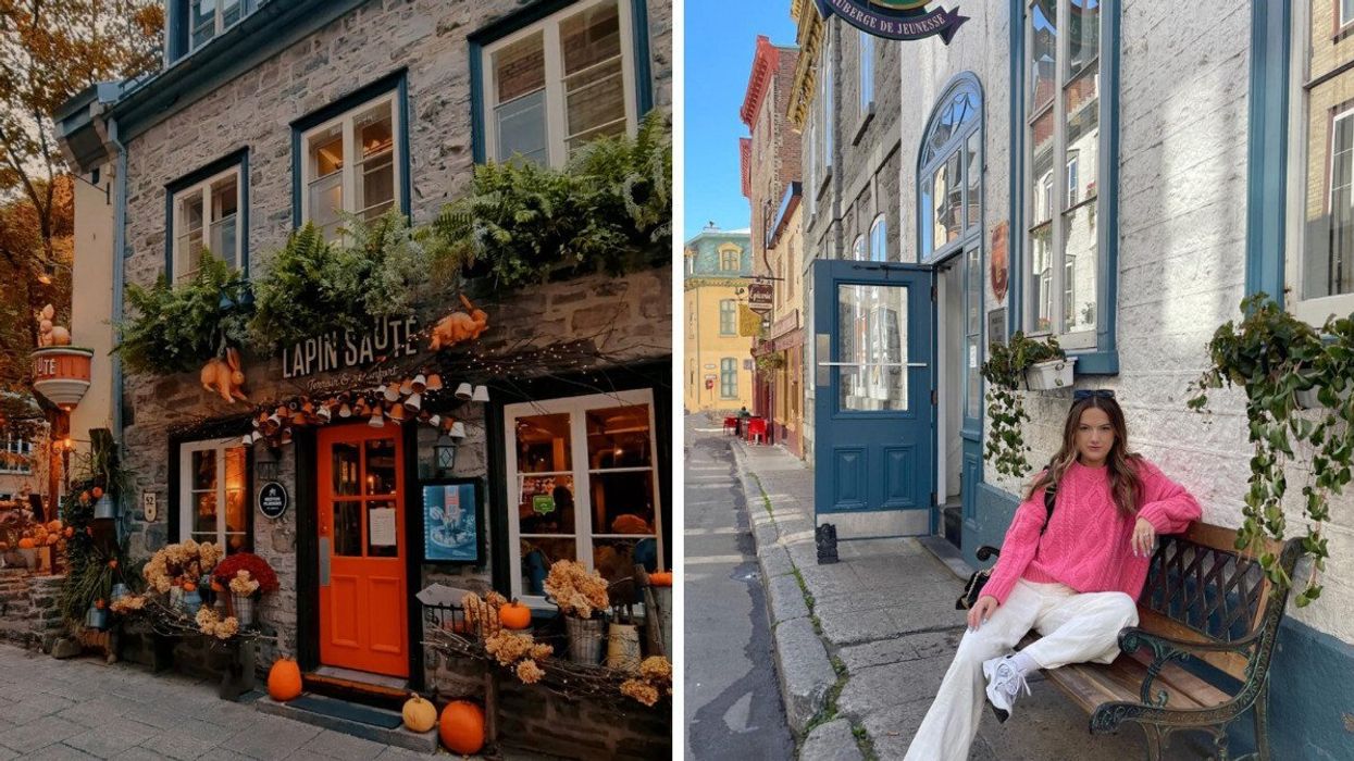 A cozy restaurant in Old Quebec City surrounded by fall decor, including pumpkins and flowers. Right: A woman poses in Quebec City.