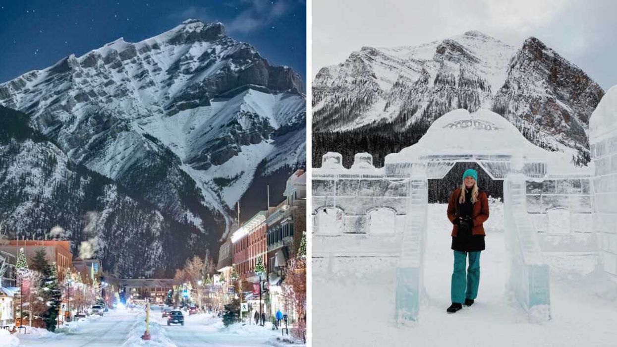 A cozy street framed by a giant mountain range. Right: A woman smiles and poses among ice sculptures.