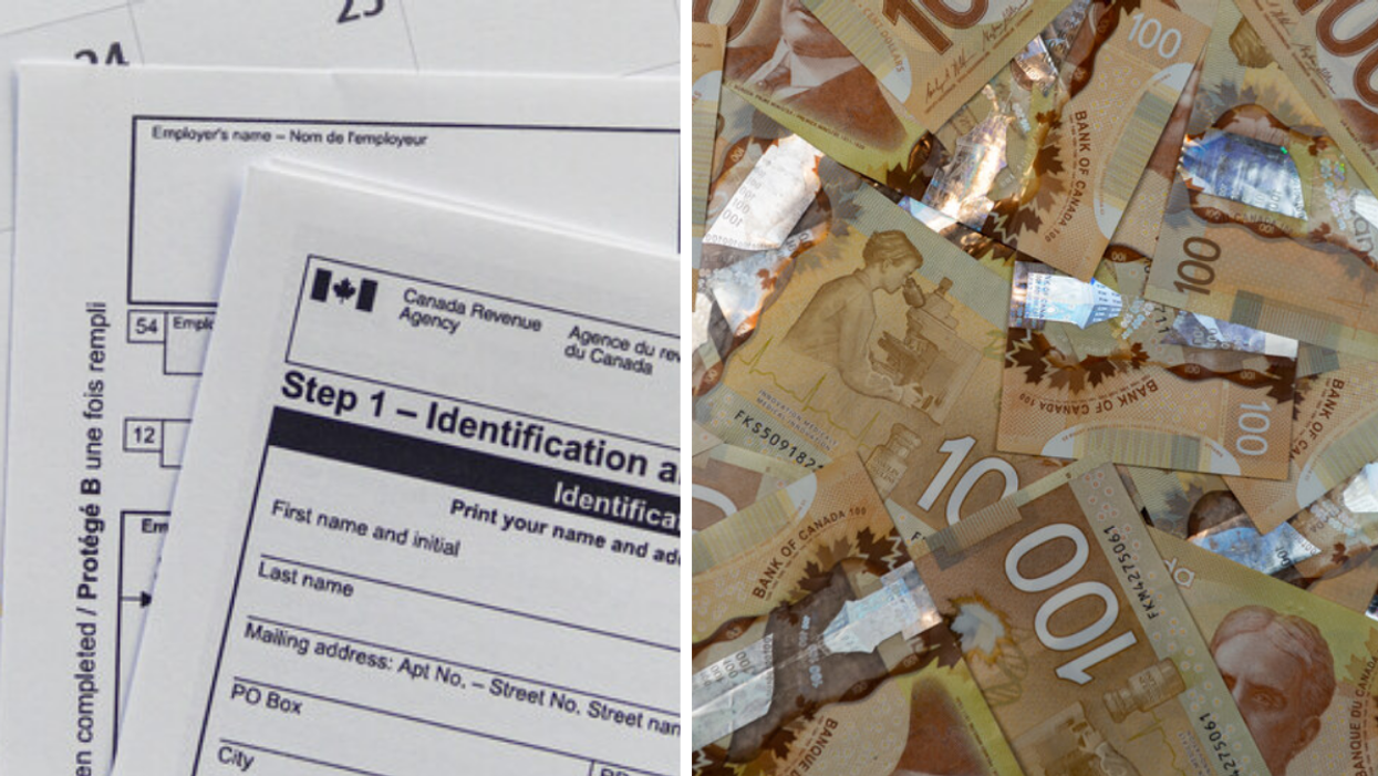 A CRA form. Right: Canadian hundred dollar bills.
