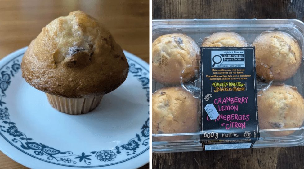A cranberry lemon muffin beside its clear package of six muffins.