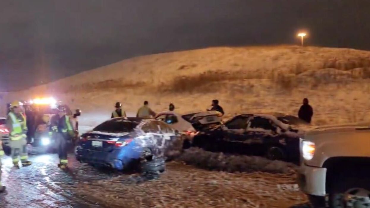 A crash involving at least six vehicles on Highway 401 at Dixie Road in Mississauga, Ontario.