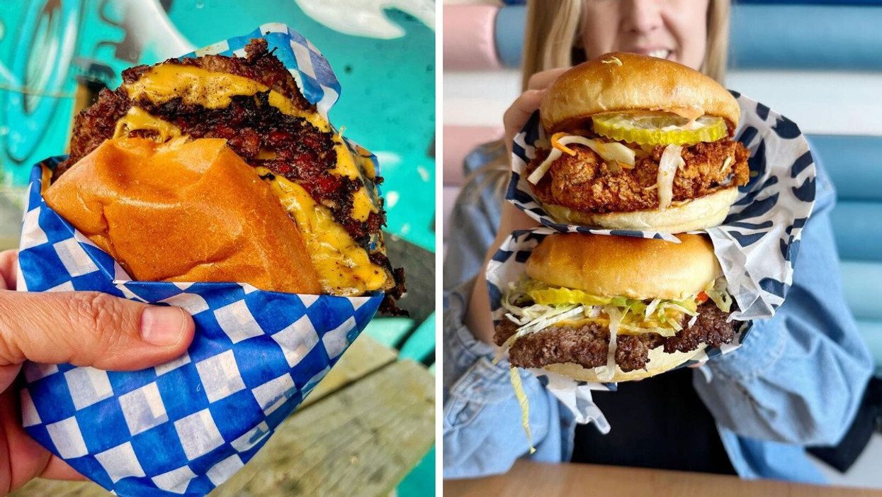 A crispy smash burger in a takeout wrapper. Right: Someone holding up two burgers.