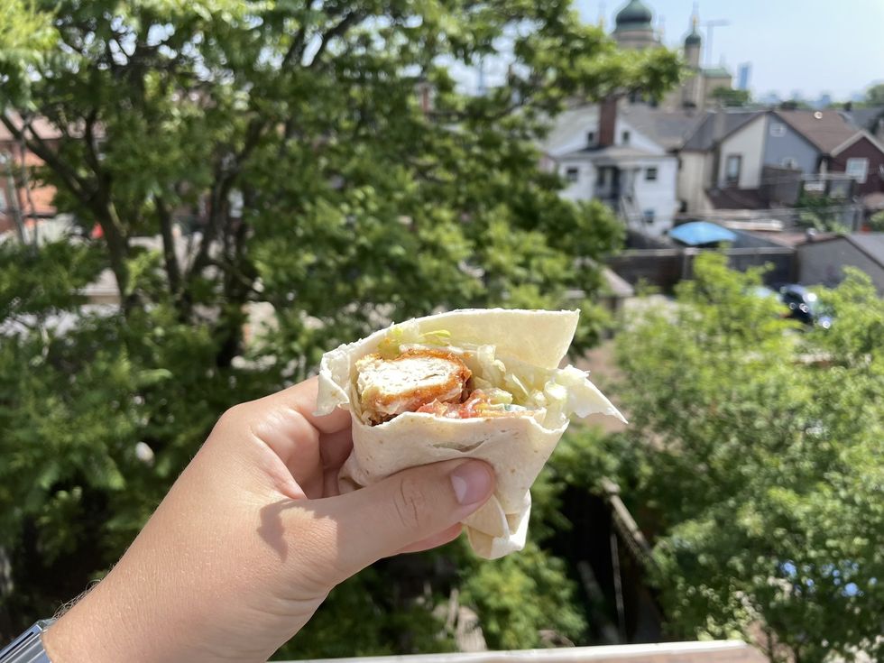 A cross section of the McDonald's Chicken & Bacon McWrap.