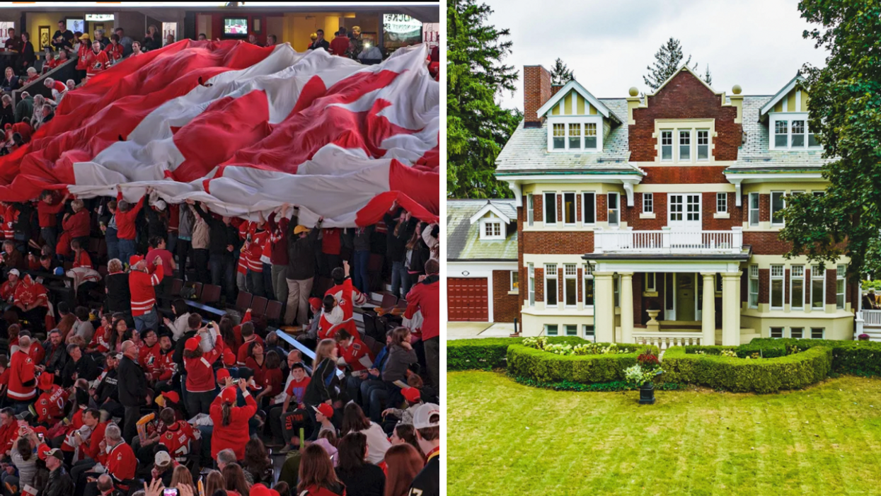 A crowd at a Team Canada hockey game. Right: A mansion for sale in Cambridge, Ontario.