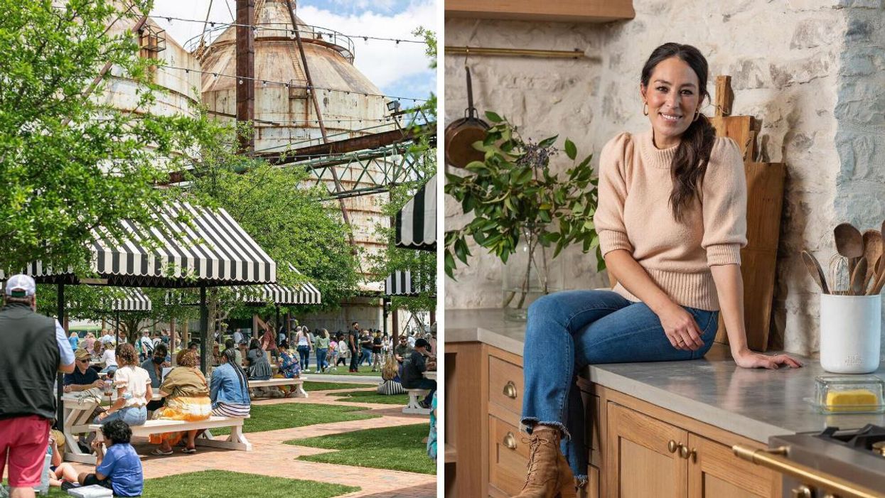 A crowd gathered in a park, close to the Silos at Magnolia. Joanna Gaines sitting on a counter.