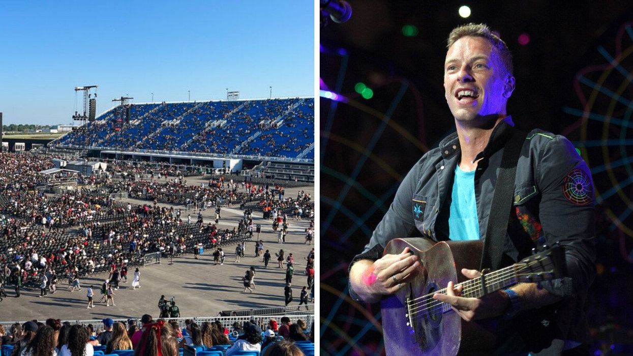 A crowd gathering at Rogers Stadium for the Stray Kids show. Right: Coldplay's Chris Martin.