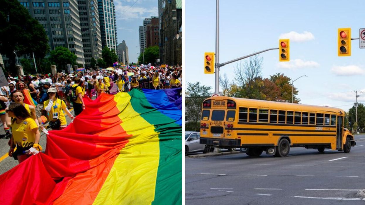 A crowd holding up a Pride banner. Right: School bus crossing an interssection.