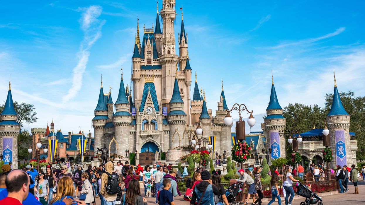 A crowd in front of the Cinderella Castle at The Magic Kingdom, Walt Disney World.