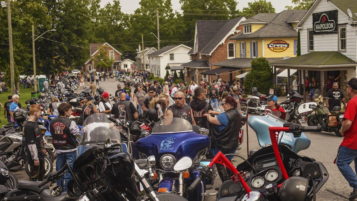 A crowd with bikes at the Port Dover motorcycle rally.