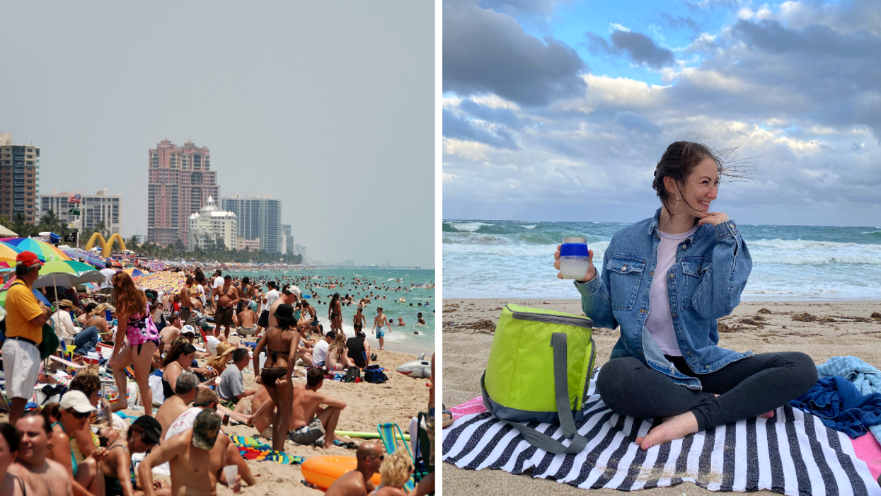 A crowded beach. Right: Associate Editor, Jenna Kelley, on the beach during the winter time in Florida.