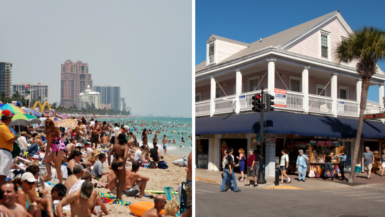 A crowded Florida Beach. Right: Tourists walking the streets.