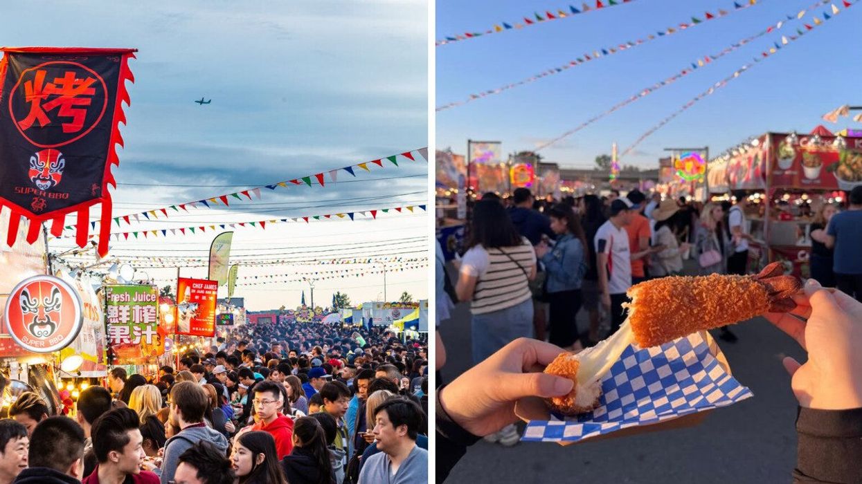 A crowded market. Right: Food at a market.