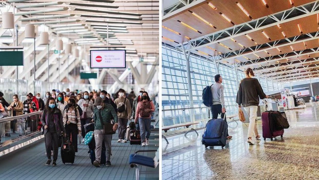 A crowded walkway in Vancouver Airport. Right: Two travellers in Calgary airport.