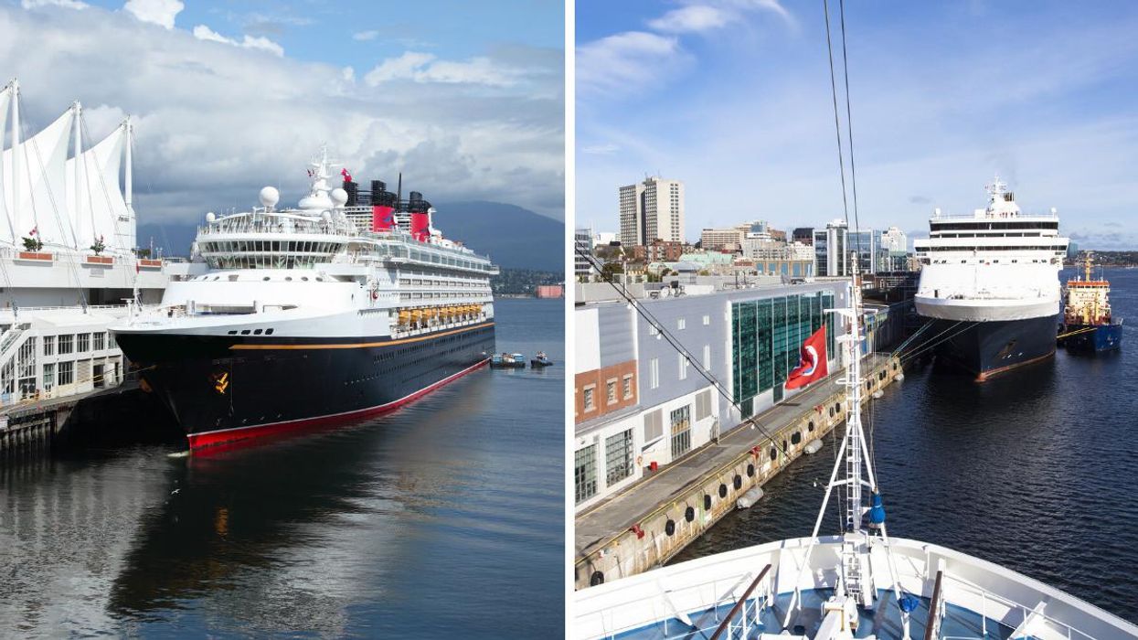 A cruise ship docked in Vancouver. Right: A cruise ship docked in Halifax.