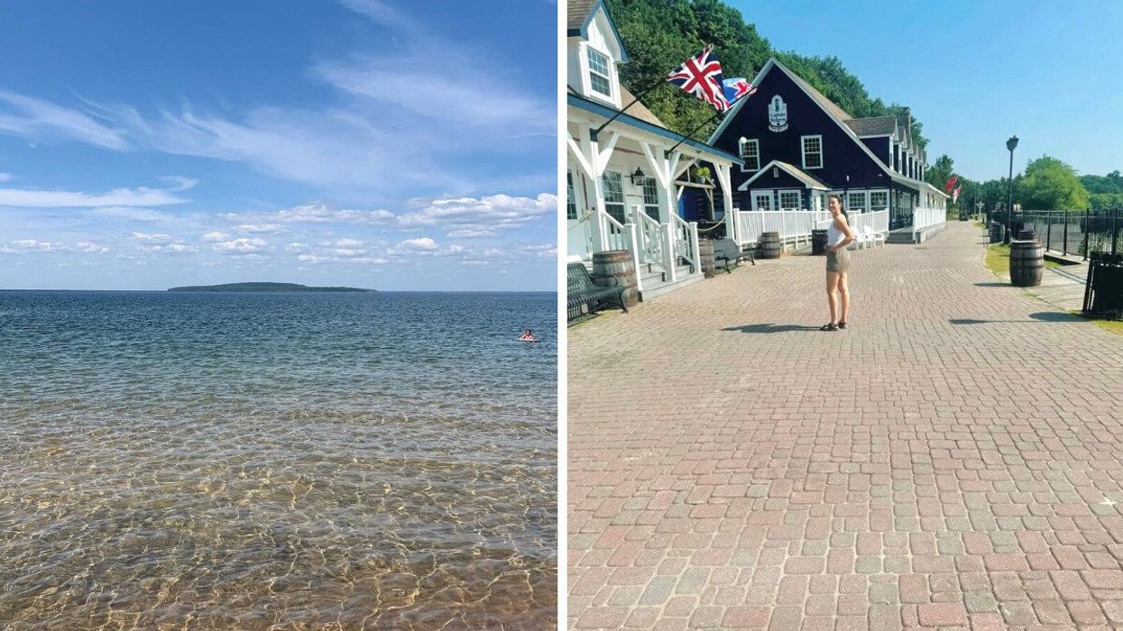 A crystal-clear beach. Right: A person standing in a historic village.