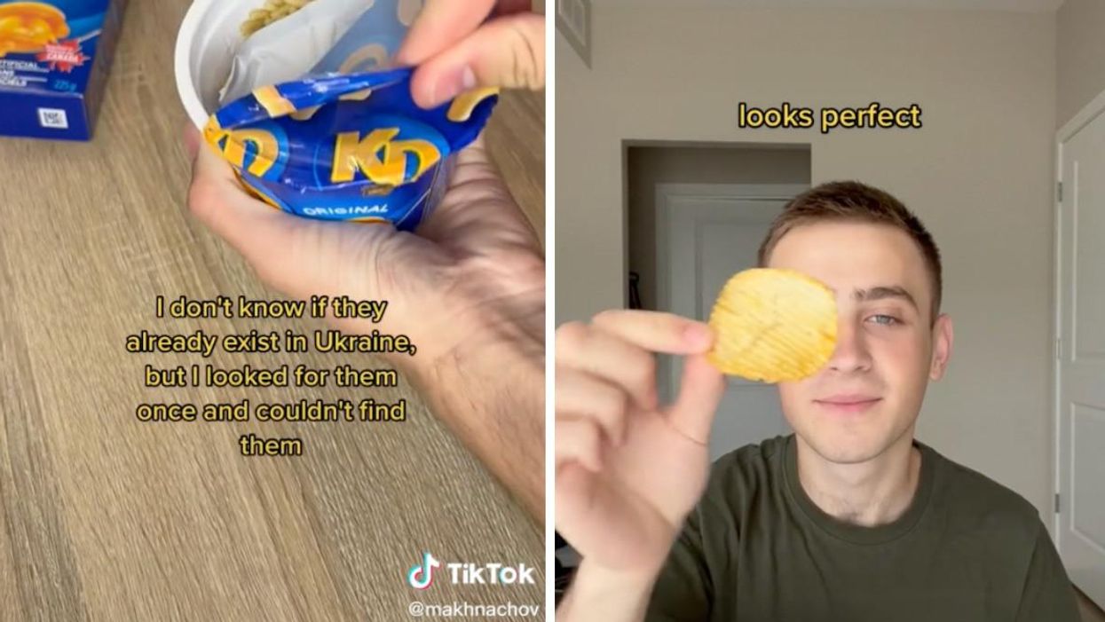 A cup of Kraft Dinner. A person with a chip in front of their face.