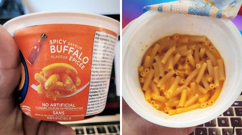 A cup of Spicy Buffalo KD. Right: Spicy Buffalo KD.