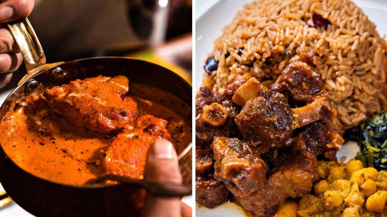 A curry dish. Right: Stew, rice and chana.
