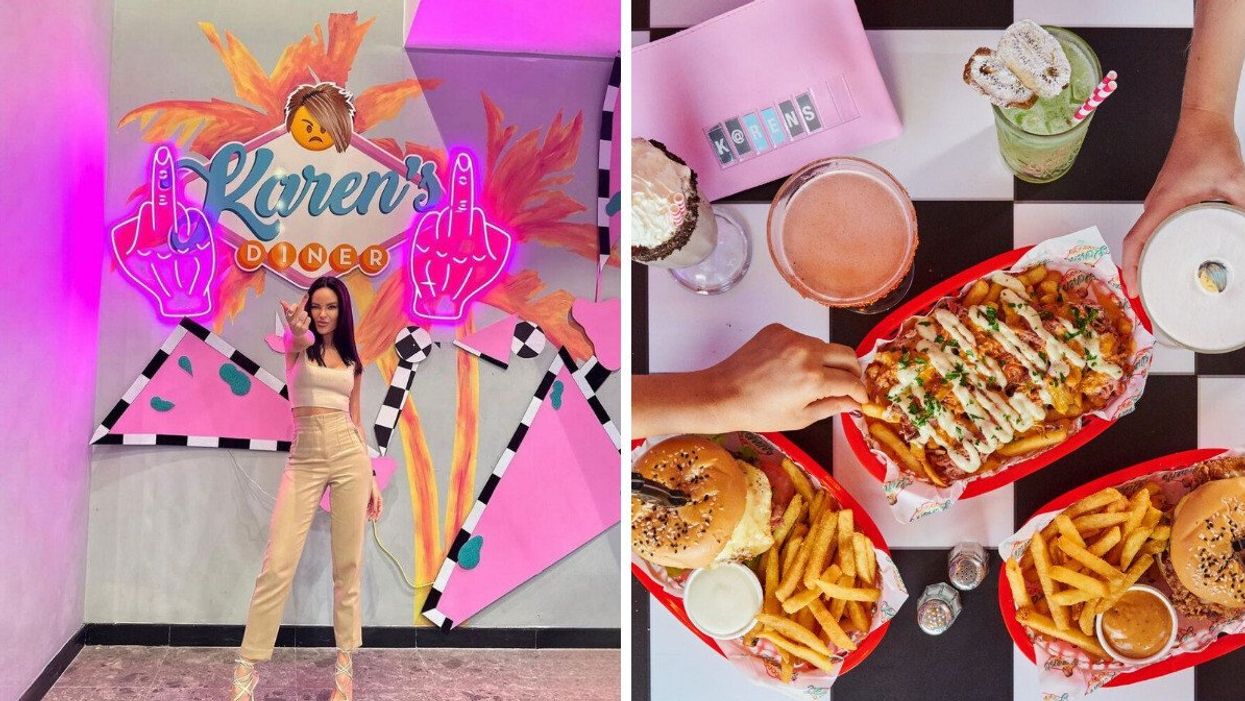 A customer at a Karen's Diner pop-up location. Right: burgers and fries at Karen's Diner.