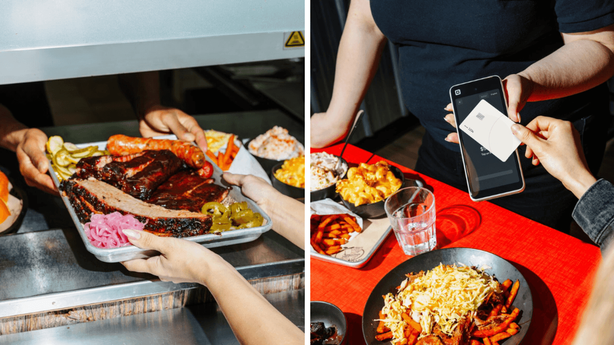 A customer receives a large barbecue platter from Hank Daddy's Barbeque., Right: A customer taps a payment card on a handheld payment terminal at a restaurant table with loaded fries and side dishes in the foreground.