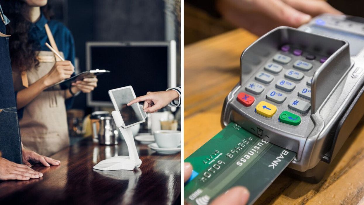 A customer using a tablet screen at a coffee shop. Right: A customer inserting their bank card into a machine.