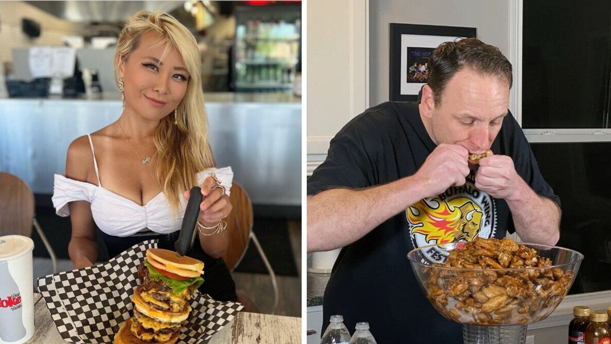 A customer with the Go Chuck Yourself Burger. Right: Joey Chestnut with a bowl of wings.