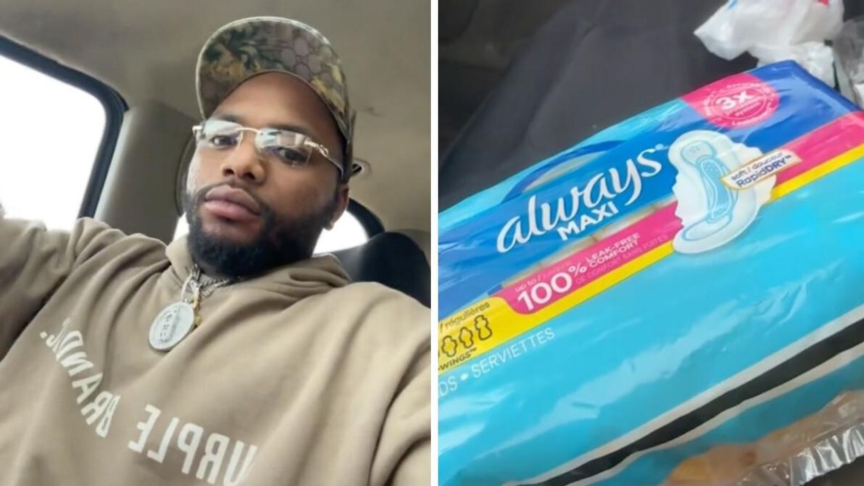 A dad explaining his story in a TikTok video. Right: Always pads.