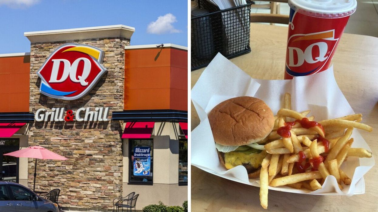 A Dairy Queen location. Right: A Dairy Queen burger and fries.