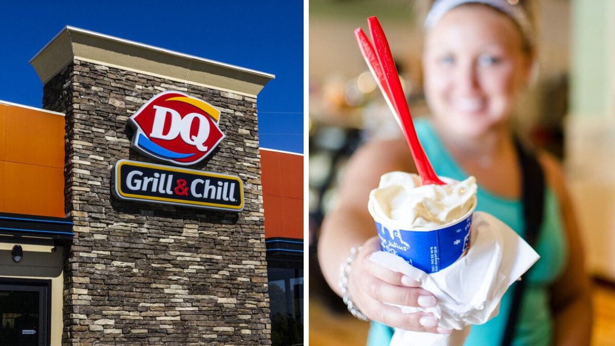 A Dairy Queen restaurant. Right: Someone holding a Dairy Queen Blizzard ice cream.