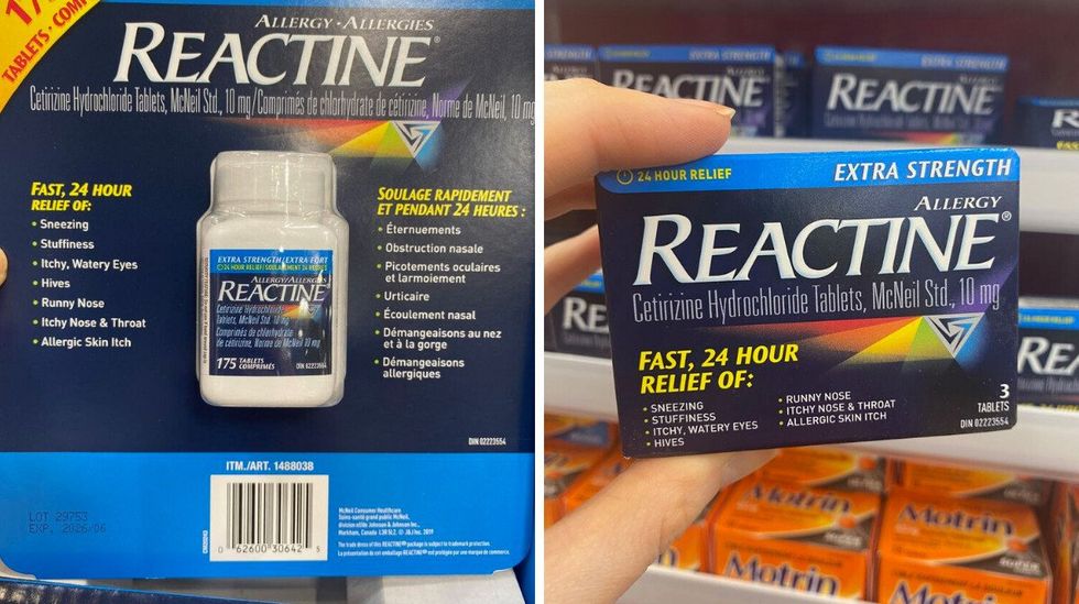 A dark blue package of allergy medication. Right: A hand holding a dark blue box of allergy medication that says Reactine on the package.