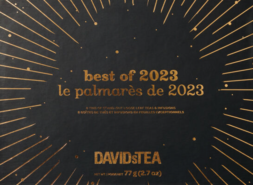 A DAVIDsTEA "best of 2023" tea sampler kit.