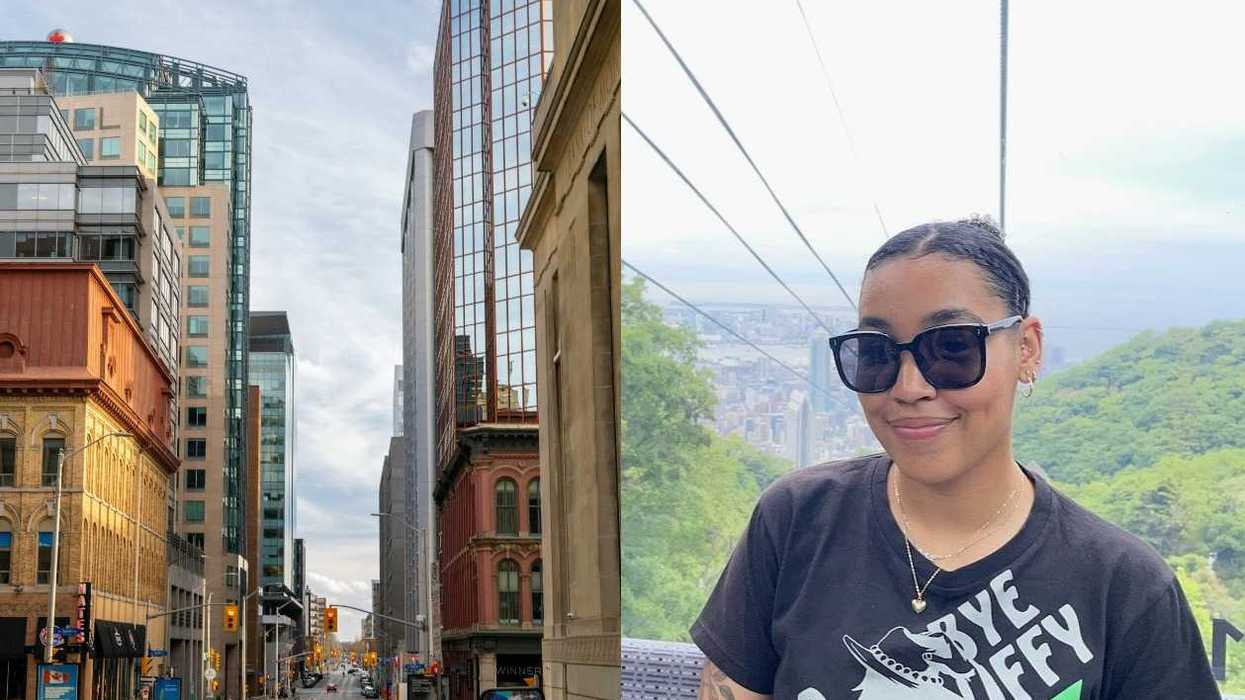 A daytime view of a street in Ottawa, Right: Woman smiling sitting inside a cable car ride with windows surrounding the cabin.