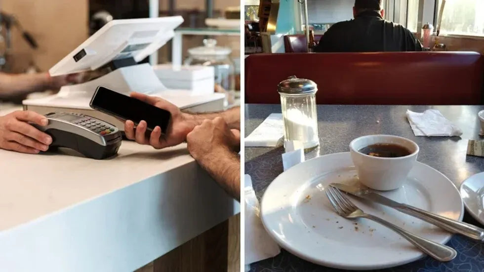 A debit transaction. Right: Someone's empty plate in a restaurant.