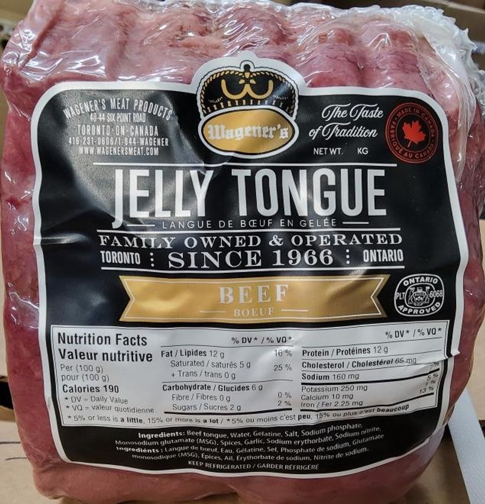 A deli-packaged piece of meat that reads "Wagener's Jelly Tongue - Beef."