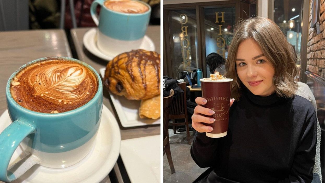 A delicious-looking coffee in a blue mug. Right: A woman smiles and poses with a tasty drink in a cafe.