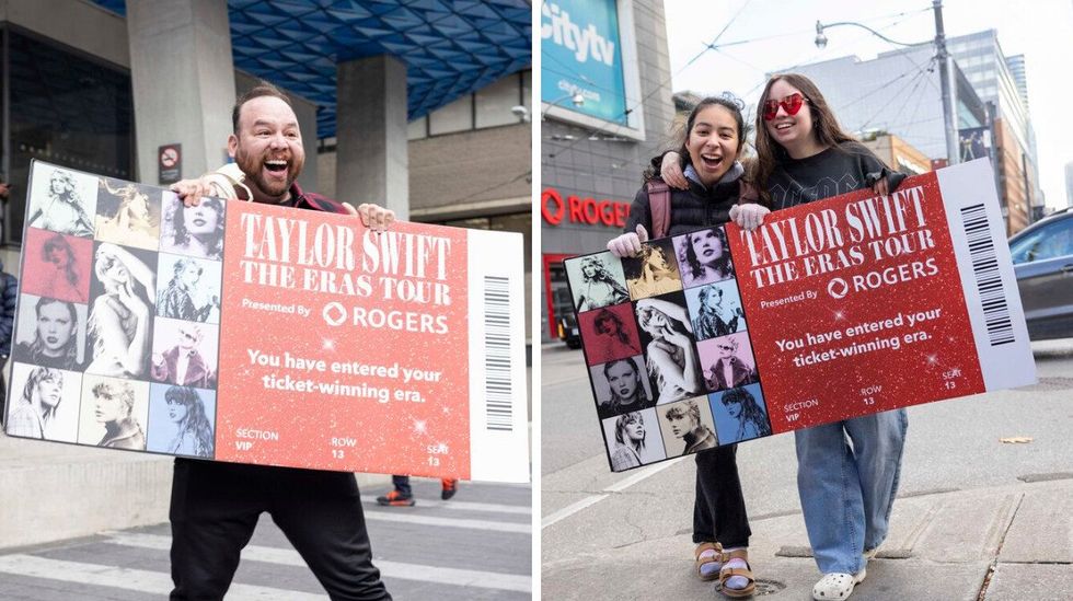 A delighted fan poses with the ticket after winning the trivia contest. Right: Two fans hold a Taylor Swift | The Eras Tour ticket.