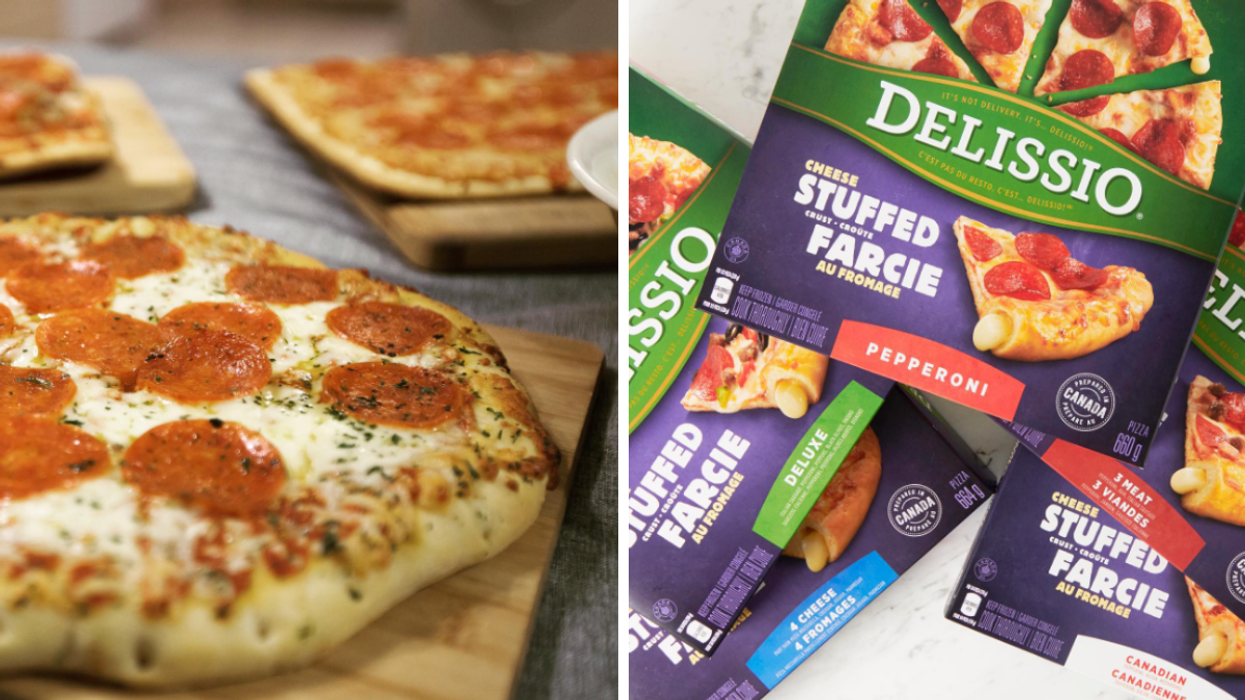 A Delissio pizza. Right: Delissio pizza boxes.