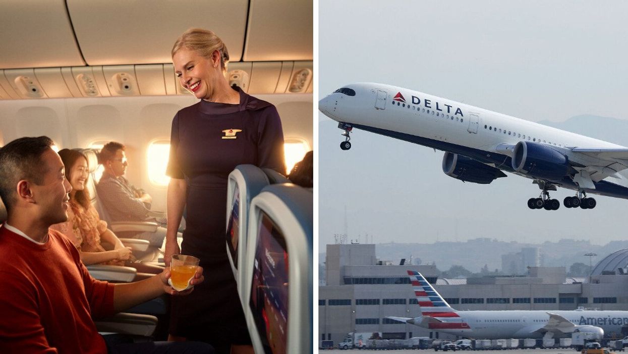 A Delta Air Lines flight attendant helping an airline passenger. Right: A Delta Air Lines plane.