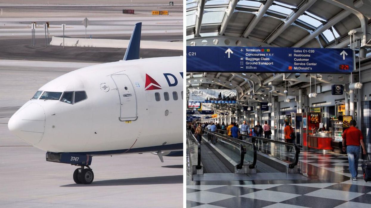 A Delta Airlines plane. Right: Inside the Chicago O'Hare airport.