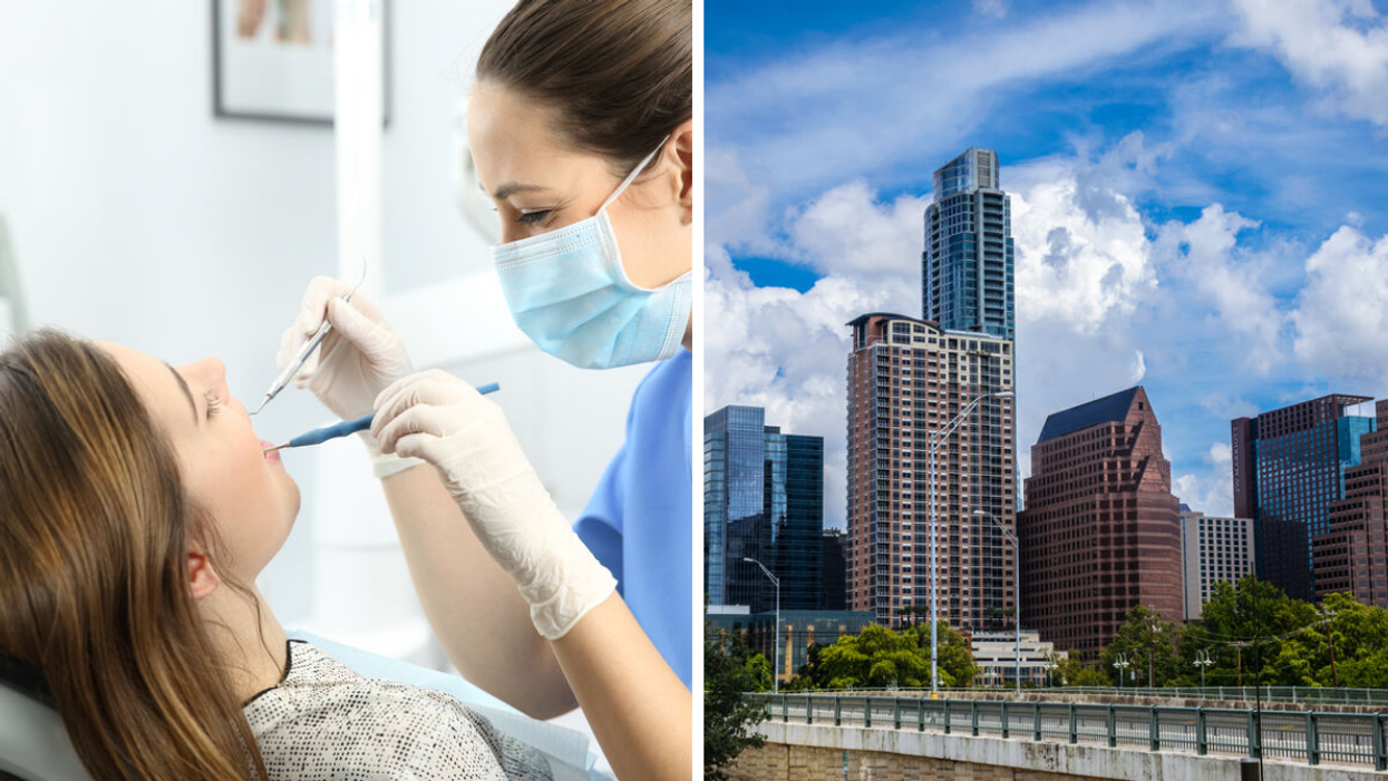 A dentist looking inside a woman's mouth. Right: Buildings in Austin, TX.