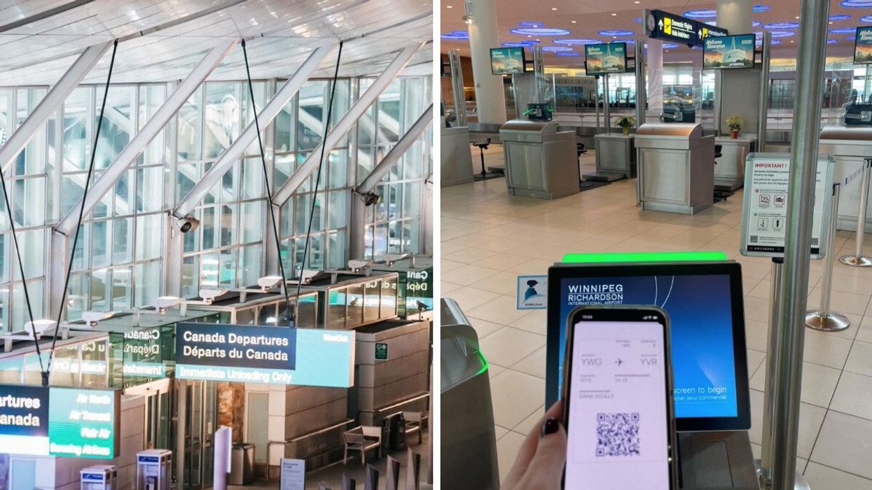 A departures lounge. Right: A traveller scans their boarding pass.