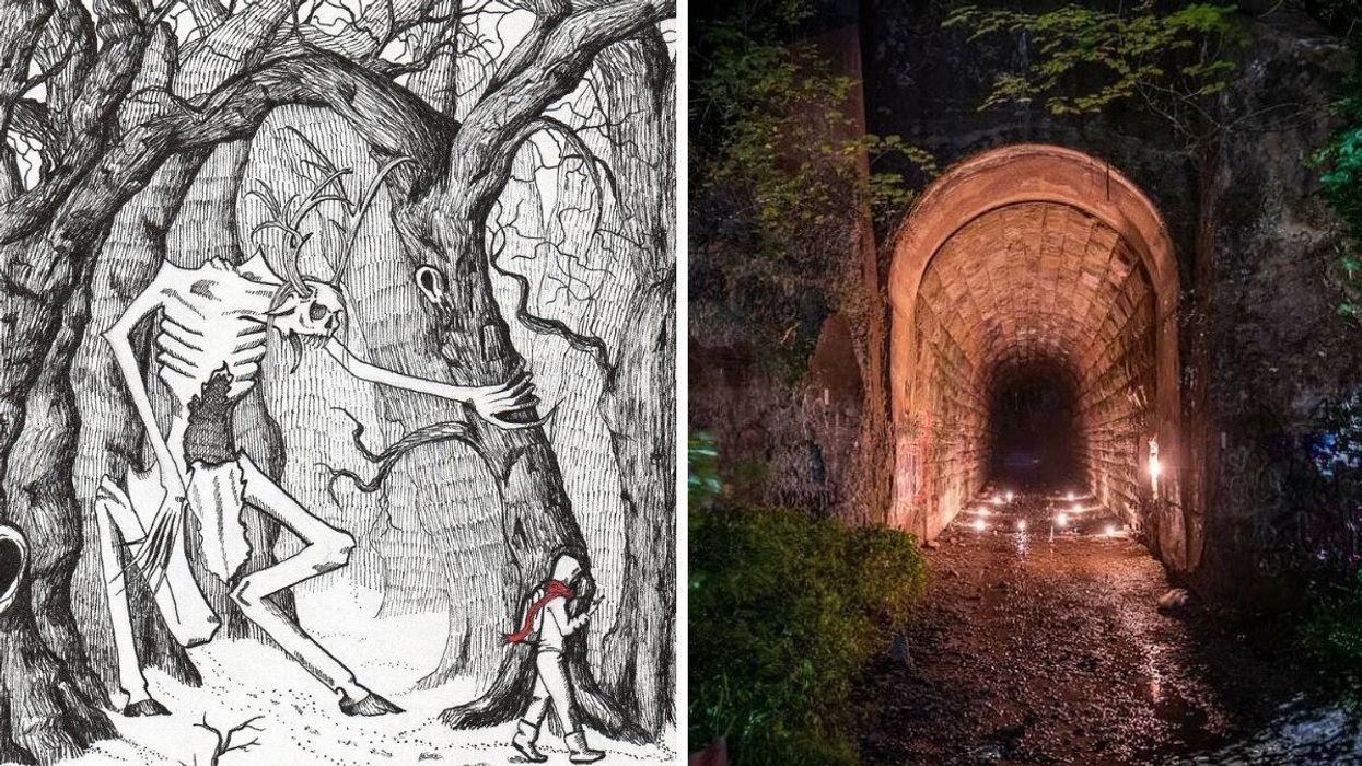 A depiction of a wendigo. Right: A tunnel in Niagara.