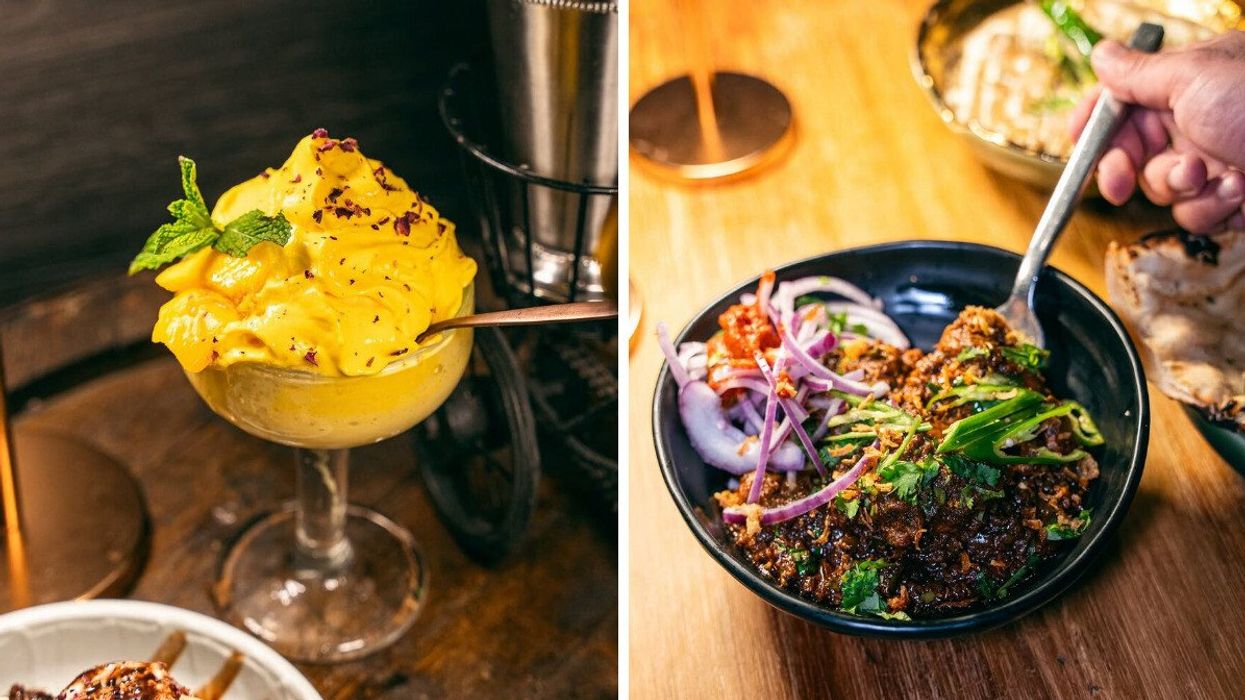 A dessert dish. Right: Food in a bowl at a restaurant.