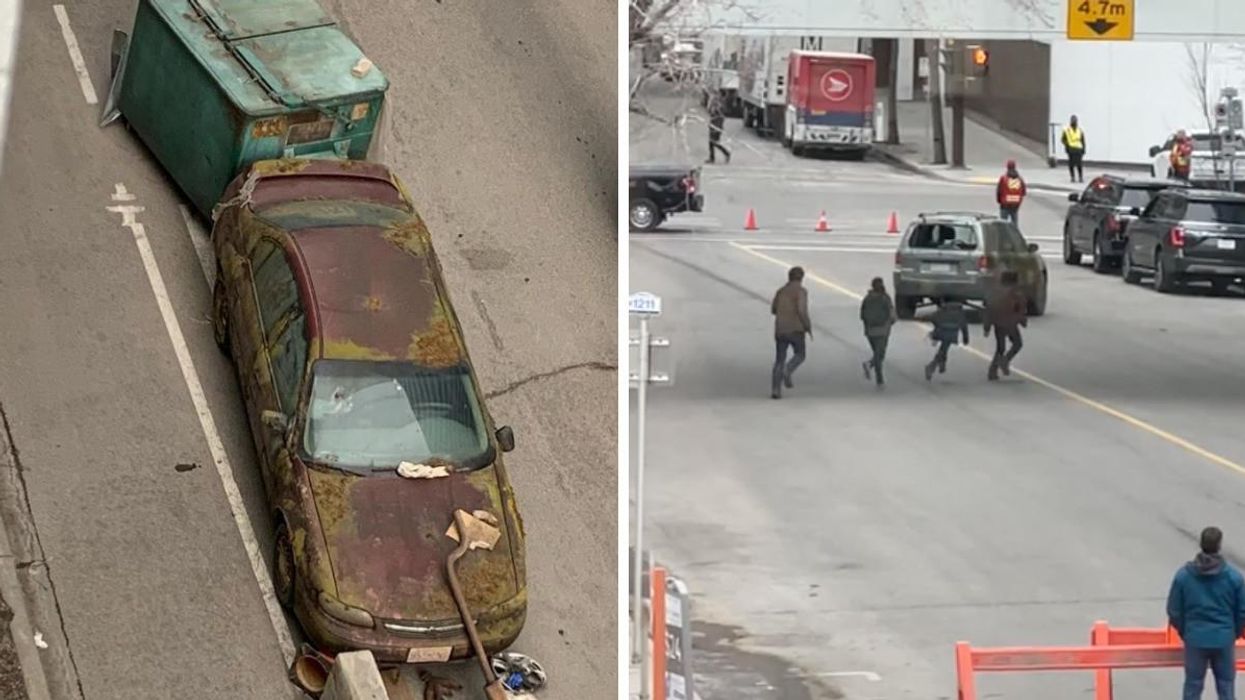 A destroyed car which is part of The Last Of Us set. Right: The Last Of Us Actors filming a scene.