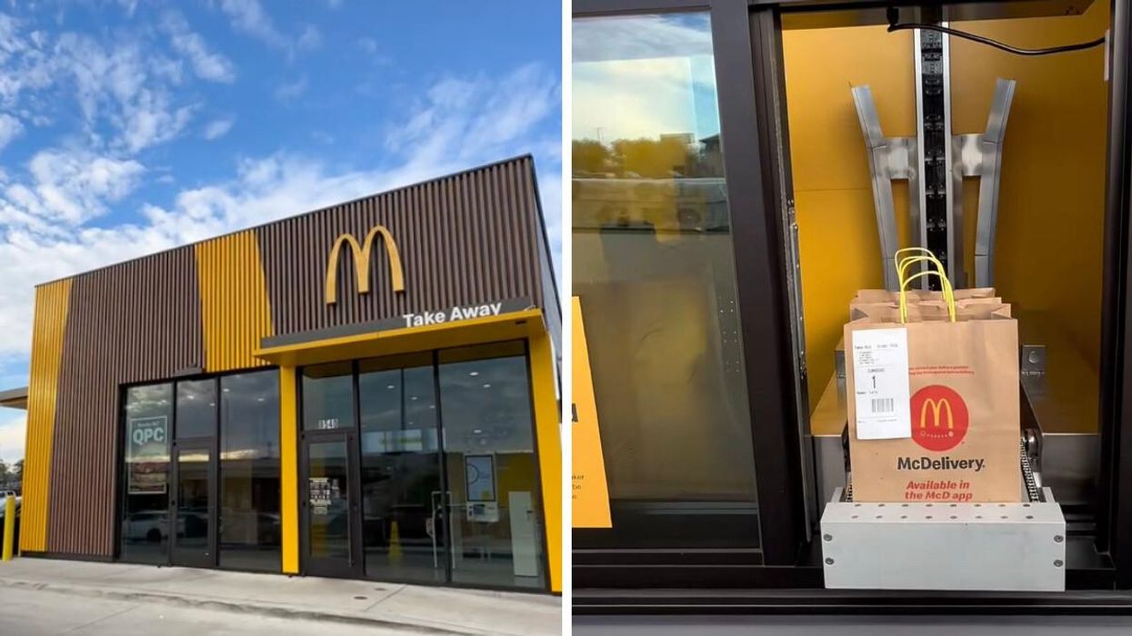 A DFW McDonald's location. Right: A machine delivering food through a McDonald's drive-thru.