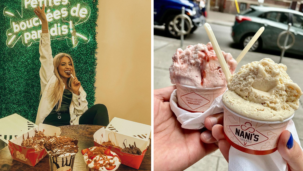 A diner enjoying some Turkish sweets at Lokma. Right: Scoops of Nani's Gelato in cups.