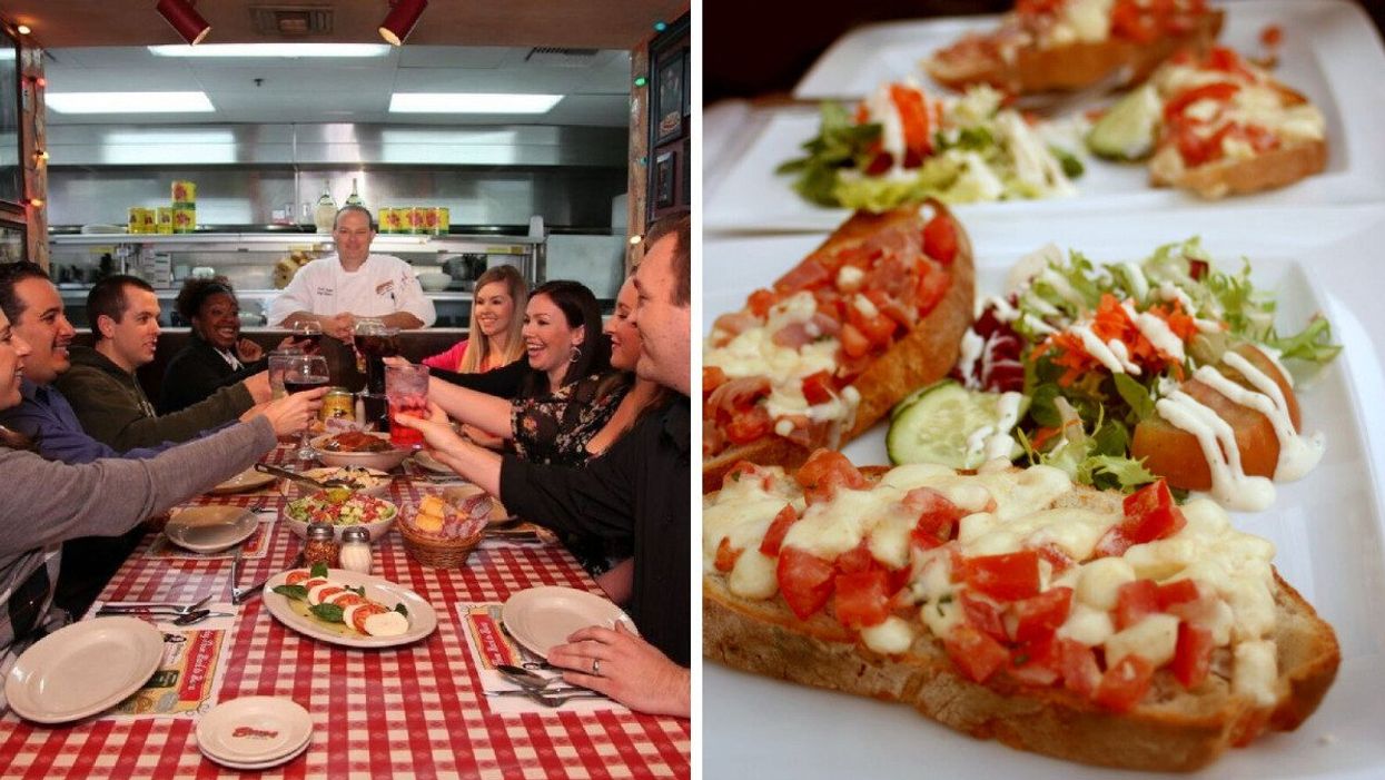 A dinner at Buca di Beppo Italian restaurant. Right: Bruschetta.