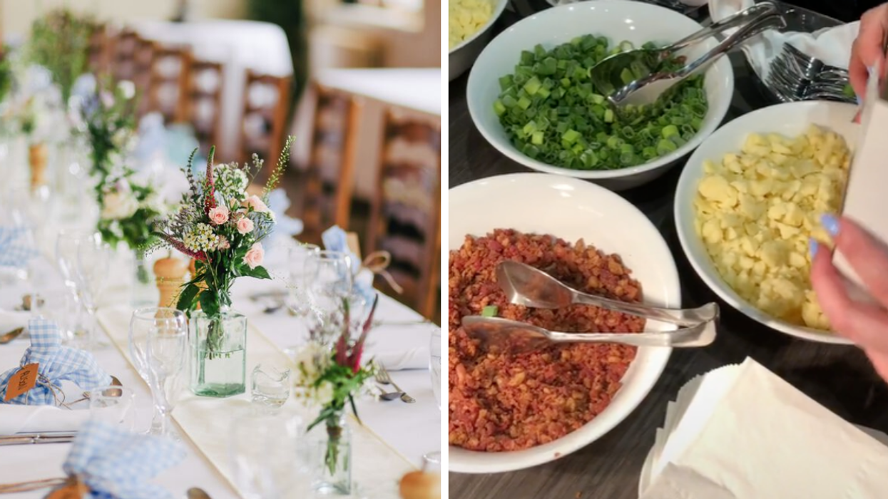 A dinner table at a wedding. Right: A screenshot from a video of a poutine bar by TikToker Tiffany.