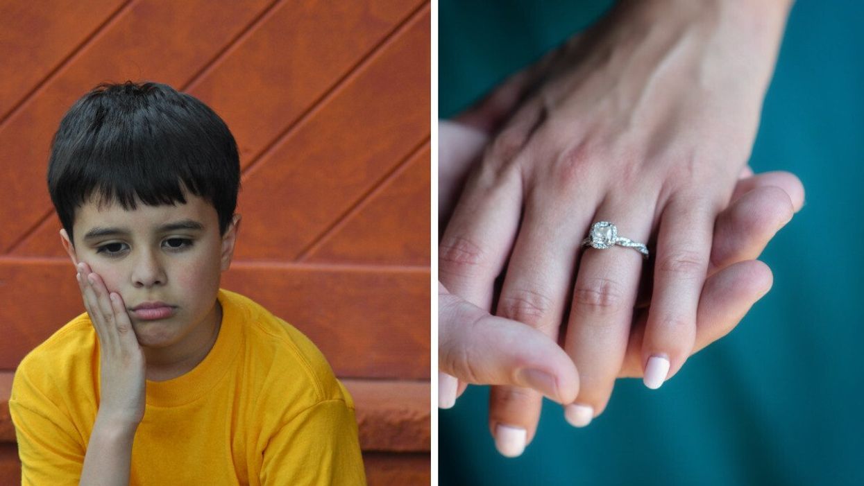 A disappointed boy. Right: An engagement ring.
